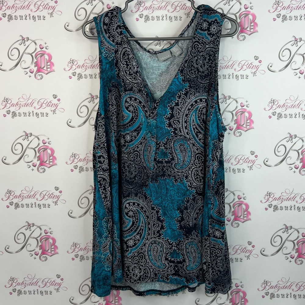 Kenar tank top floral style blue white Teal and Black Paisley Top stretchy